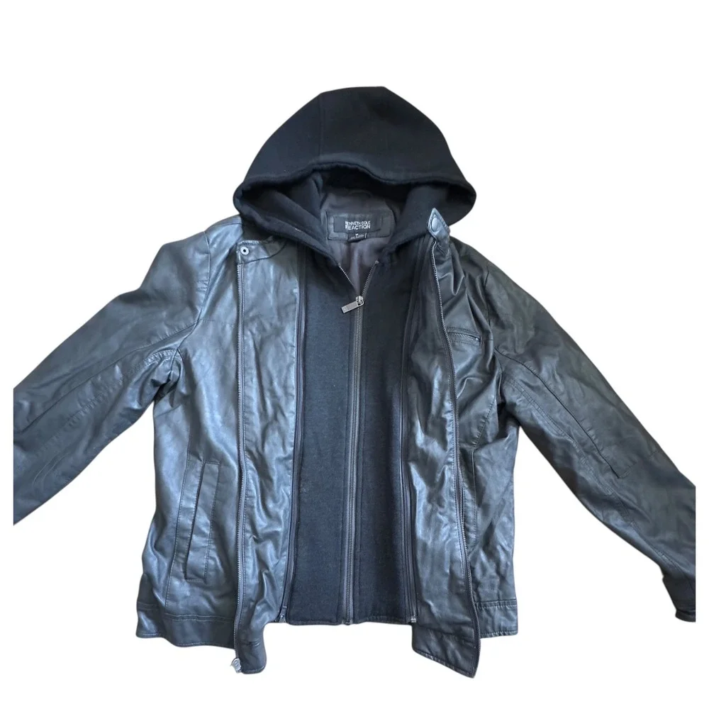 Kenneth Cole Reaction Mens Faux Leather Hooded Moto Jacket Gray Size M‎